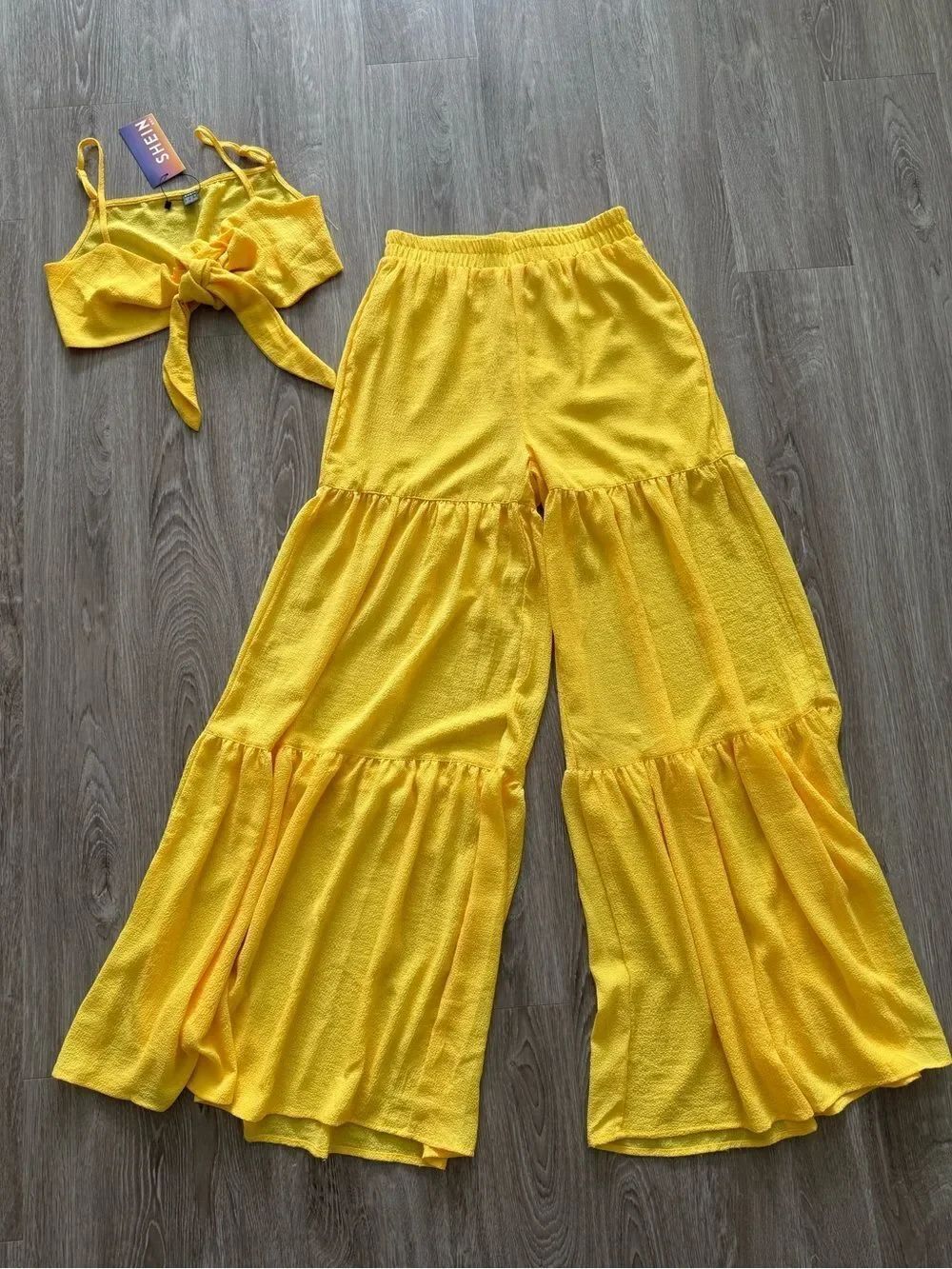 SHEIN Bright Yellow Tiered Wide-Leg Pants Set